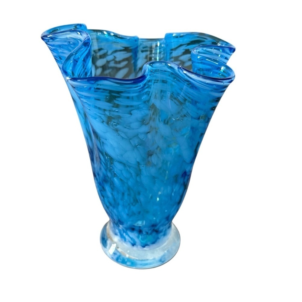 VINTAGE Lefton Handblown Glass Handkerchief Vase – Blue & White Bubble Swirl